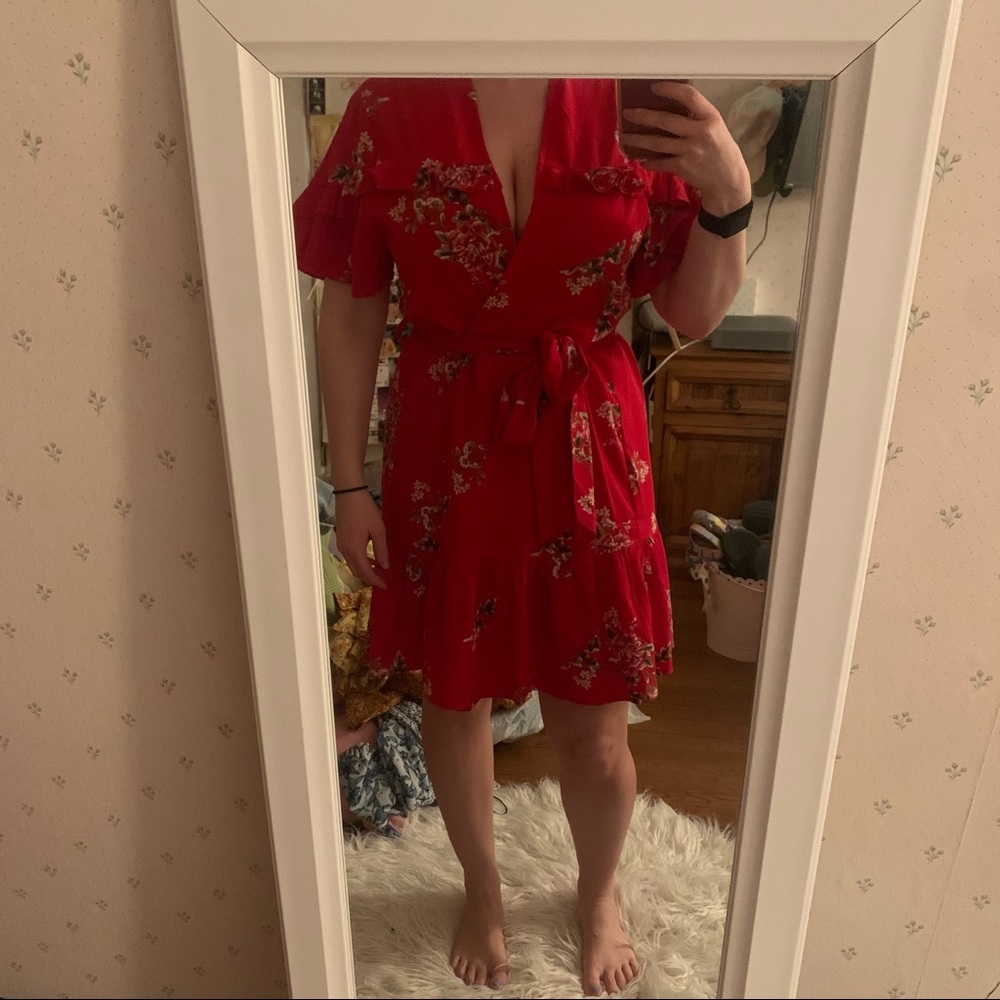 Red floral wrap dress